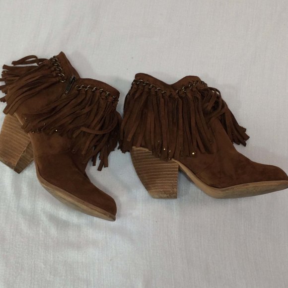 Not Rated Brown Leather Fringe Ankle Booties sz 7 - Picture 2 of 8
